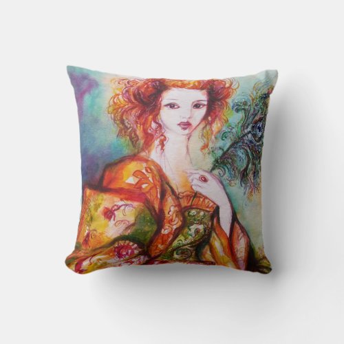 ROMANTIC WOMAN WITH SPARKLING PEACOCK FEATHER THROW PILLOW