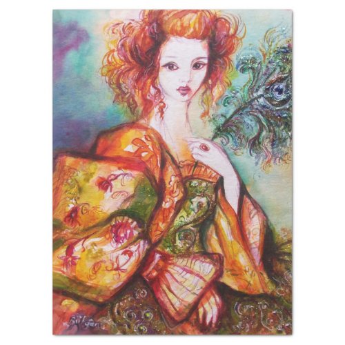 ROMANTIC WOMAN WITH SPARKLING PEACOCK FEATHER TISSUE PAPER