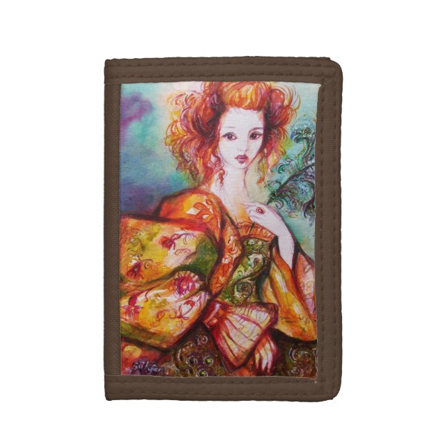 ROMANTIC WOMAN WITH SPARKLING PEACOCK FEATHER TRIFOLD WALLET (Front Vertical)