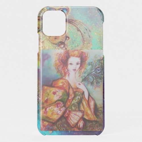 ROMANTIC WOMAN WITH SPARKLING PEACOCK FEATHER iPhone 11 CASE