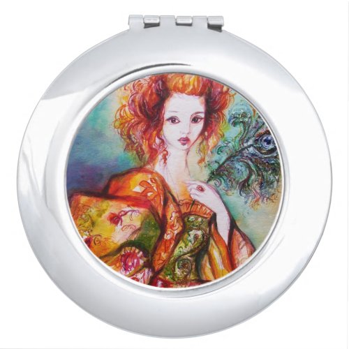 ROMANTIC WOMAN WITH SPARKLING PEACOCK FEATHER VANITY MIRROR