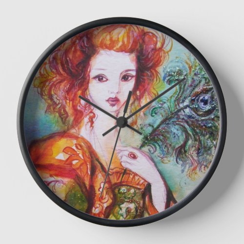 ROMANTIC WOMAN WITH SPARKLING PEACOCK FEATHER WALL CLOCK