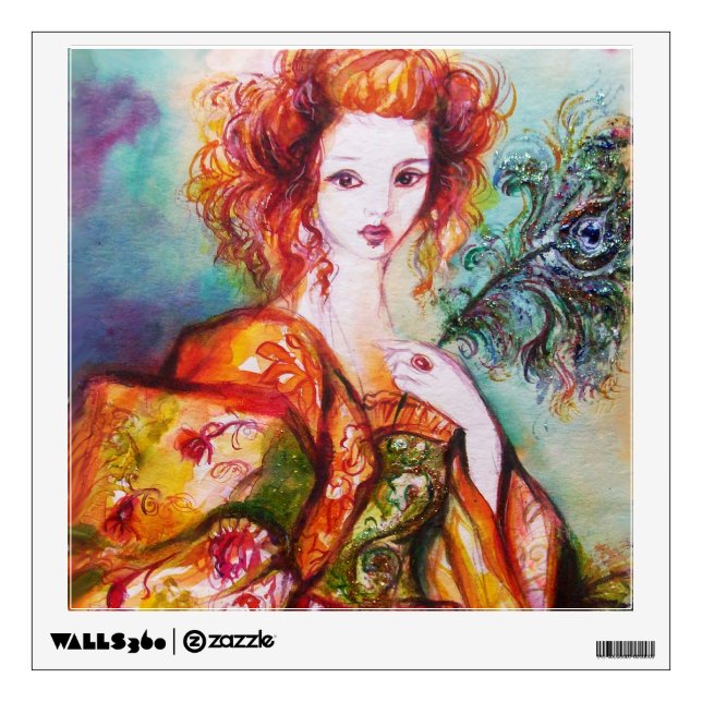 ROMANTIC WOMAN WITH SPARKLING PEACOCK FEATHER WALL STICKER (Front)