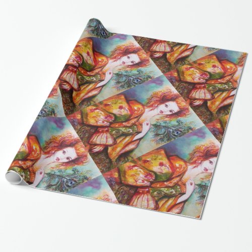 ROMANTIC WOMAN WITH SPARKLING PEACOCK FEATHER WRAPPING PAPER