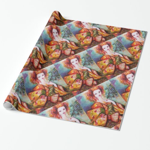 ROMANTIC WOMAN WITH SPARKLING PEACOCK FEATHER WRAPPING PAPER