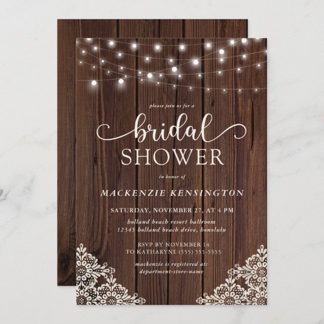 Romantic Wood String Lights Lace Bridal Shower Invitation (Front/Back)