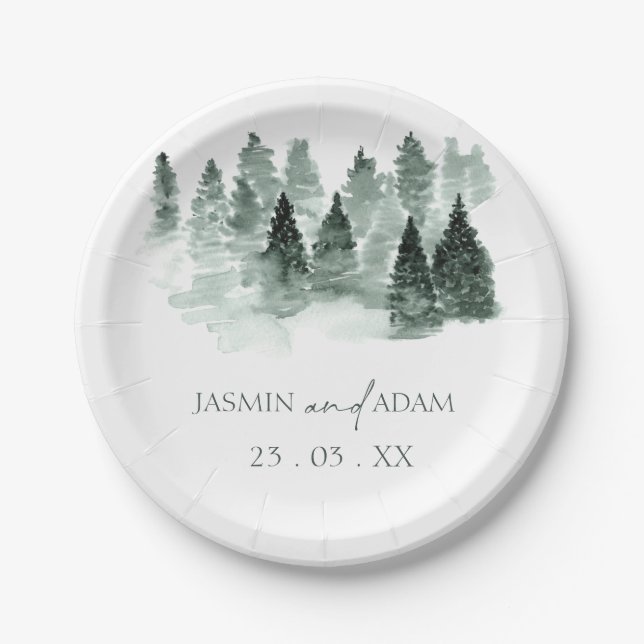 Romantic Woodland Forest Green Wedding Paper Plates (Front)