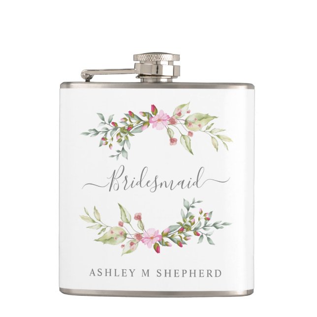 Romantic Wreath in Pink for Bridesmaids Flask (Front)
