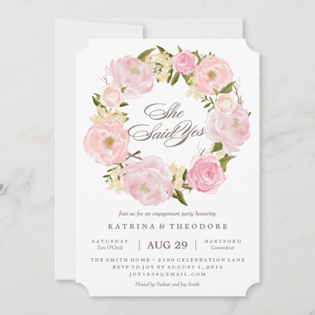 Romantic Wreath She Said Yes Engagement Invitation (Front)