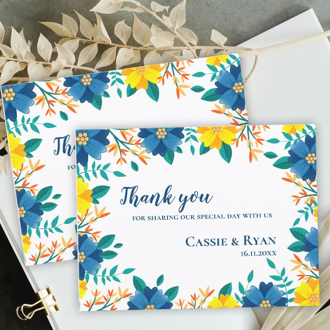 Romantic Yellow Blue Floral Wedding Thank you Postcard (Romantic Yellow Blue Floral Wedding Thank you Postcard)
