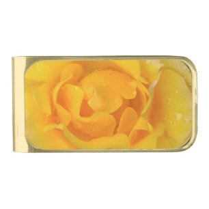 Romantic Yellow Rose Water Drops Gold Finish Money Clip