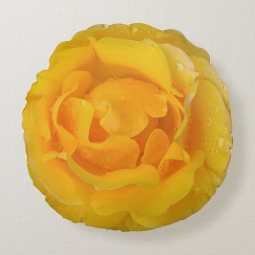 Romantic Yellow Rose Water Drops Round Pillow