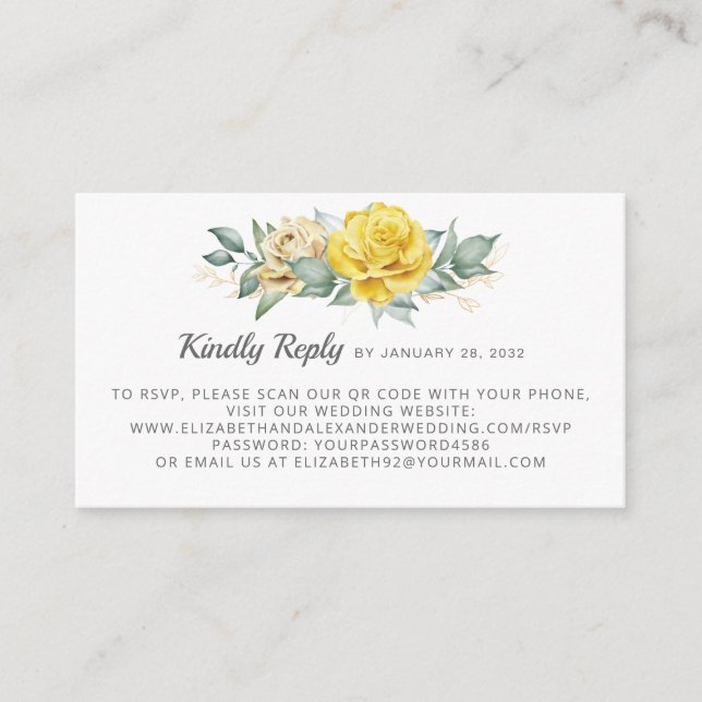 Romantic yellow watercolor flowers QR code RSVP Enclosure Card (Front)