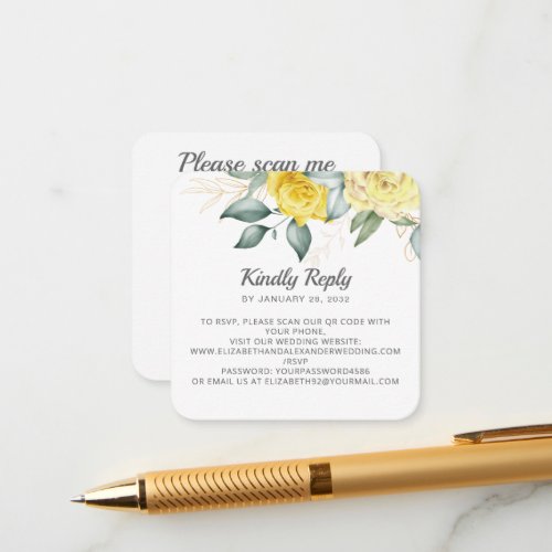 Romantic yellow watercolor flowers QR code RSVP Enclosure Card