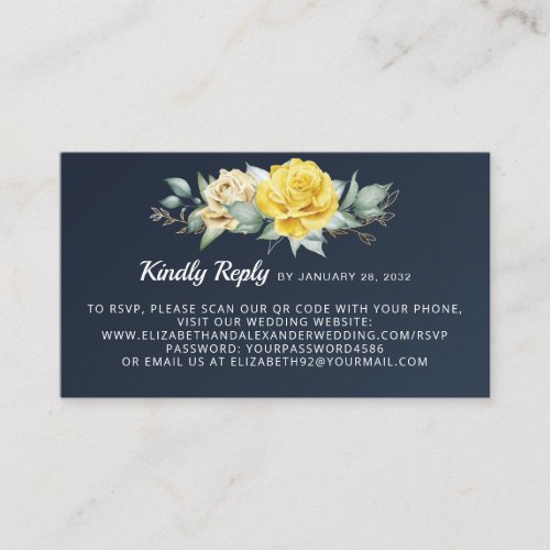 Romantic yellow watercolor roses navy blu QR code Enclosure Card
