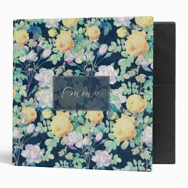 Romantic Yellow White roses floral Blue Design 3 Ring Binder (Front/Inside)