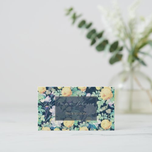 Romantic Yellow White roses floral Blue Design Business Card