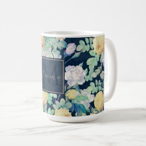 Romantic Yellow White roses floral Blue Design Coffee Mug