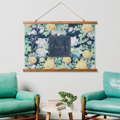 Romantic Yellow White roses floral Blue Design Hanging Tapestry