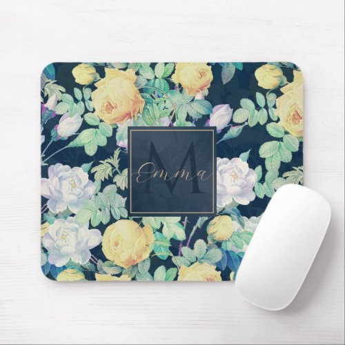 Romantic Yellow White roses floral Blue Design Mouse Pad