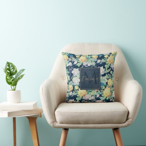 Romantic Yellow White roses floral Blue Design Throw Pillow