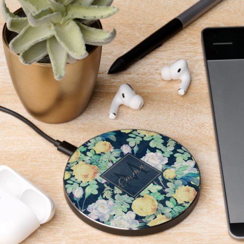 Romantic Yellow White roses floral Blue Design Wireless Charger