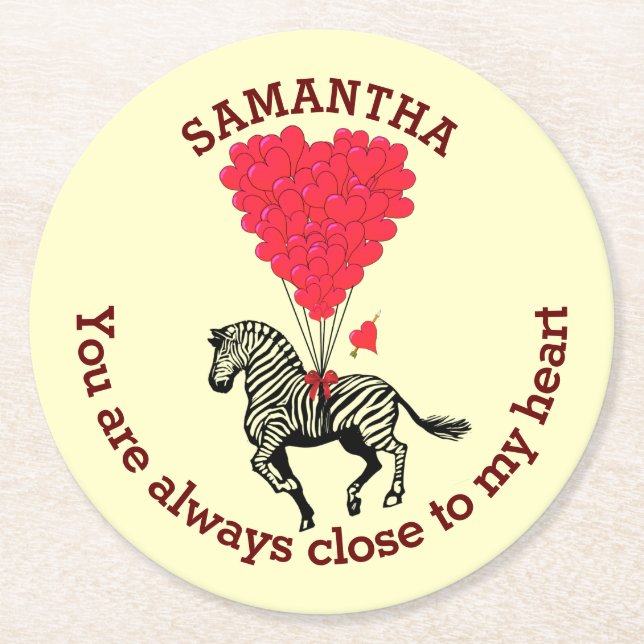Romantic zebra and red heart personalized round paper coaster (Front)