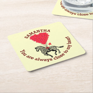 Romantic zebra and red heart personalized square paper coaster