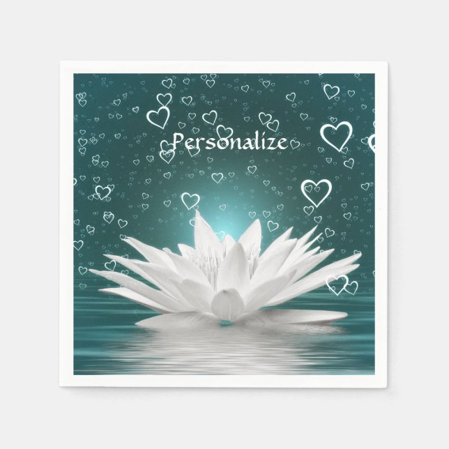 Romantic Zen White Lotus & Hearts Personalize Napkins (Front)