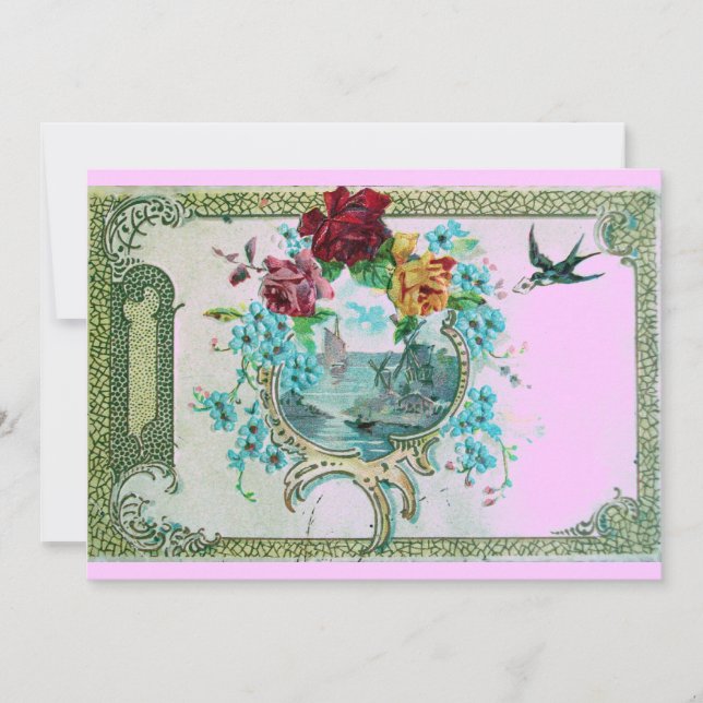 ROMANTICA 3 Floral Blue Pink Wedding Party Invitation (Front)