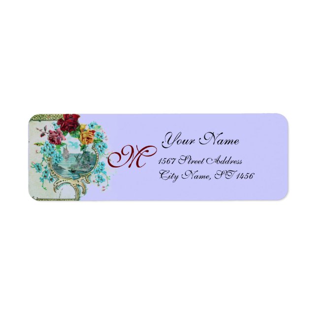 ROMANTICA /BLUE FLORAL BEACH WEDDING MONOGRAM LABEL (Front)