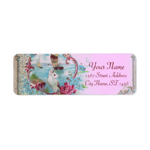 ROMANTICA,BLUE PINK BLUE FLORAL BEACH WEDDING LABEL