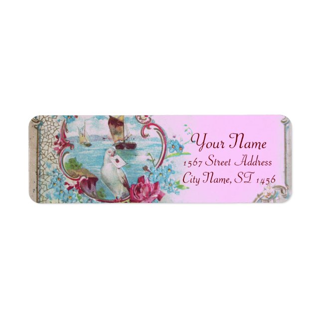 ROMANTICA,BLUE PINK BLUE FLORAL BEACH WEDDING LABEL (Front)