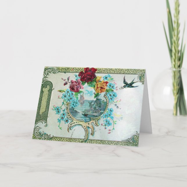 ROMANTICA,BLUE PINK FLORAL ROSES WITH SWALLOW HOLIDAY CARD (Front)