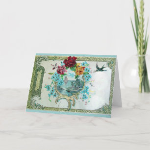ROMANTICA,BLUE PINK FLORAL ROSES WITH SWALLOW HOLIDAY CARD