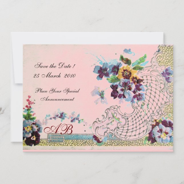 ROMANTİCA Blue Pink Floral Wedding Monogram Invitation (Front)