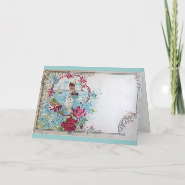 ROMANTICA,BLUE RED PINK FLORAL ROSES WHITE DOVE HOLIDAY CARD (Front)