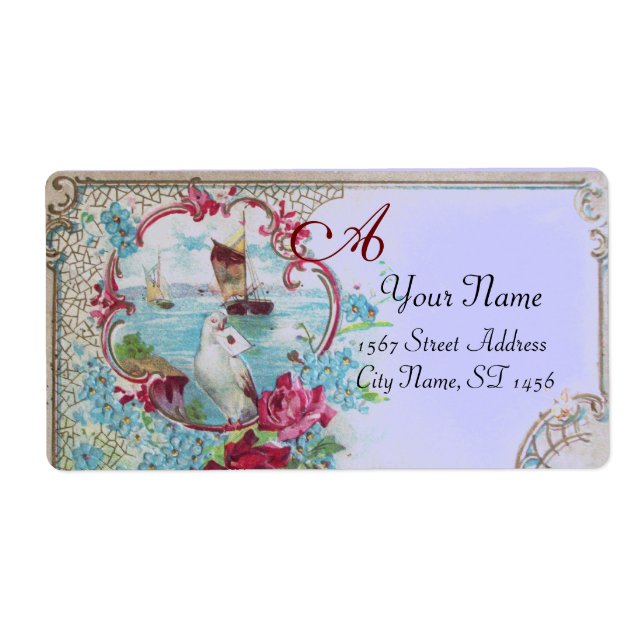 ROMANTICA,DOVE,BUE FLORAL BEACH WEDDING MONOGRAM LABEL (Front)