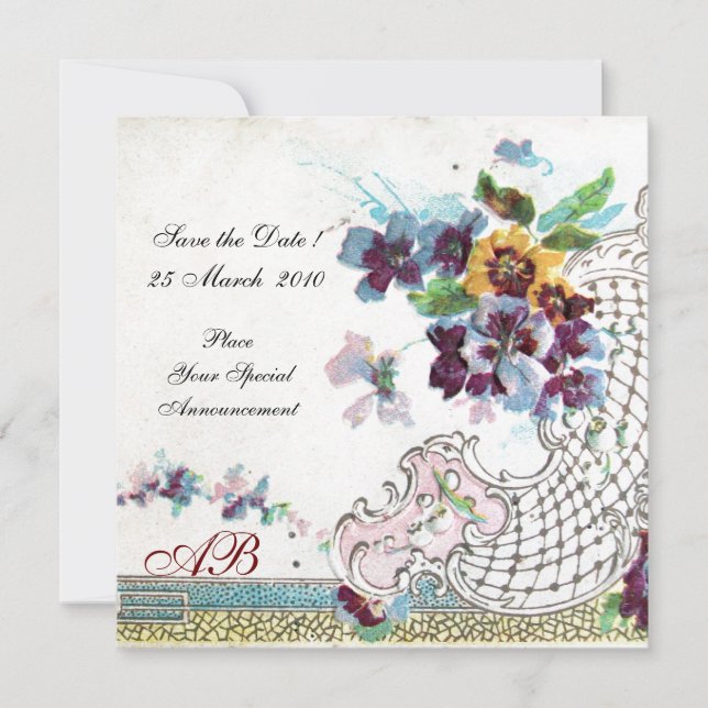 ROMANTICA Floral Blue Pink White Wedding Pansies Invitation (Front)