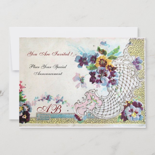 ROMANTICA Floral Blue Pink White Wedding Pansies Invitation (Front)