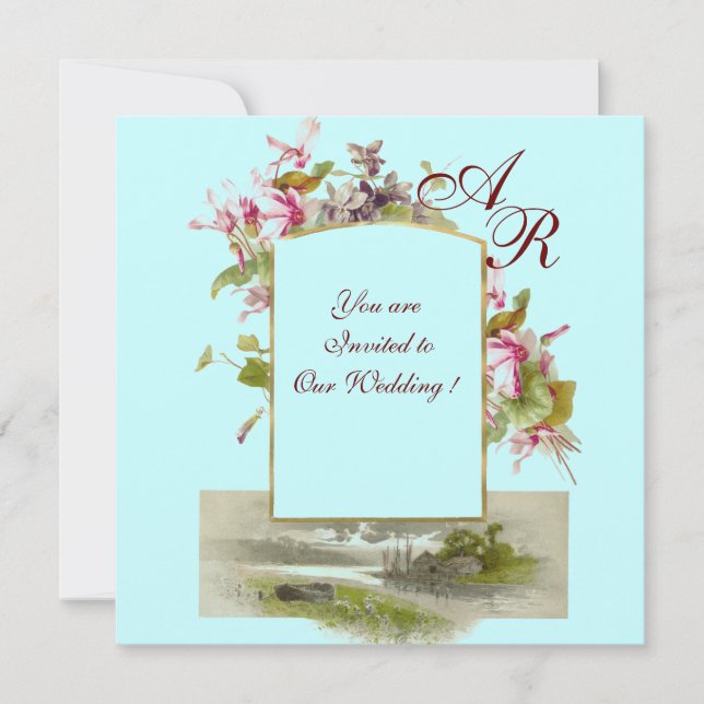 ROMANTİCA MONOGRAM /CYCLAMENS,pink green blue Invitation (Front)