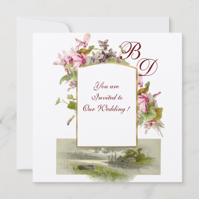 ROMANTİCA MONOGRAM /CYCLAMENS,pink green champagne Invitation (Front)