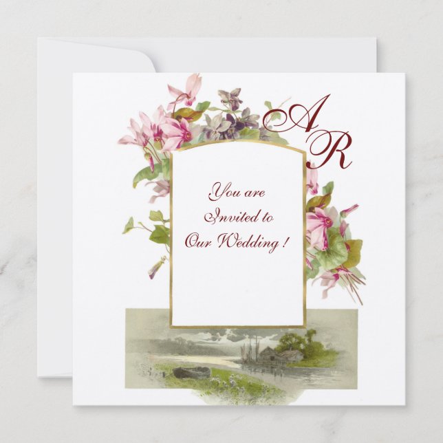 ROMANTİCA MONOGRAM /CYCLAMENS,pink green cream Invitation (Front)