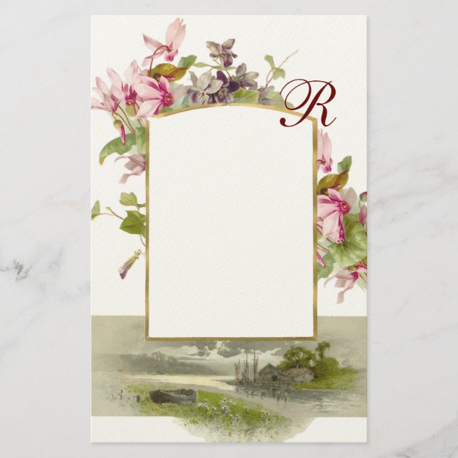 ROMANTİCA MONOGRAM / CYCLAMENS,pink green cream Stationery (Front)