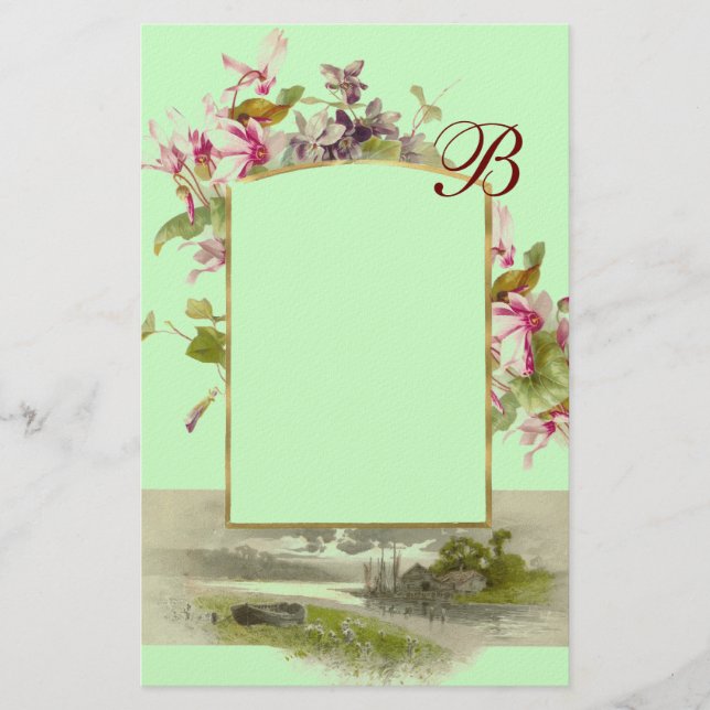 ROMANTİCA MONOGRAM / CYCLAMENS,pink green Stationery (Front)