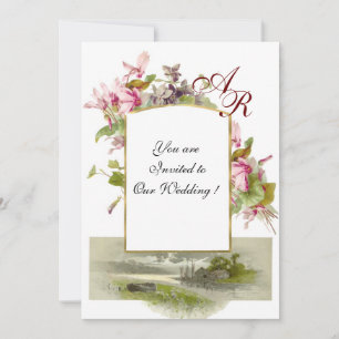 ROMANTİCA MONOGRAM /CYCLAMENS,pink green white Invitation