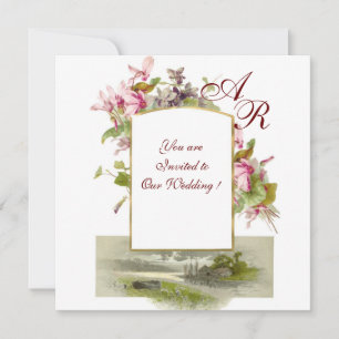 ROMANTİCA MONOGRAM /CYCLAMENS,pink green white Invitation