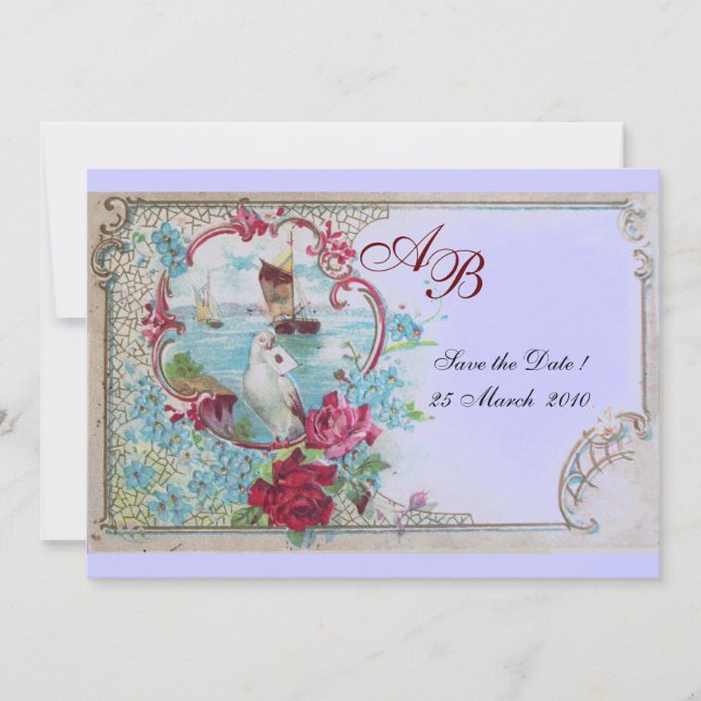ROMANTICA  MONOGRAM Floral Pink Blue Wedding Party Save The Date (Front)