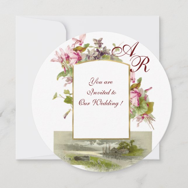 ROMANTİCA MONOGRAM ,PINK CYCLAMENS,  Floral Invitation (Front)