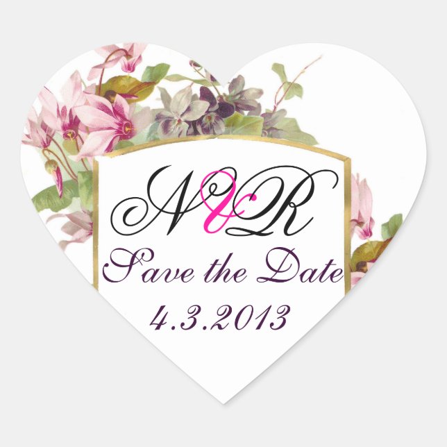 ROMANTİCA MONOGRAM / PINK CYCLAMENS SAVE THE DATE HEART STICKER (Front)